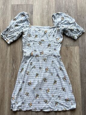 Reformation Kaley Floral Gingham Check Al Fresco Puff Sleeve Mini Dress Size 6